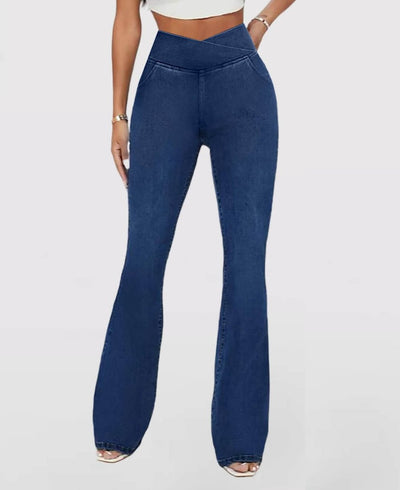 CurveFlex High-Waisted Crossover Jeans – Ultra-Stretch Denim with Adjustable Waistband - 50% OFF