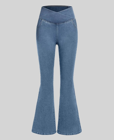 CurveFlex High-Waisted Crossover Jeans – Ultra-Stretch Denim with Adjustable Waistband - 50% OFF