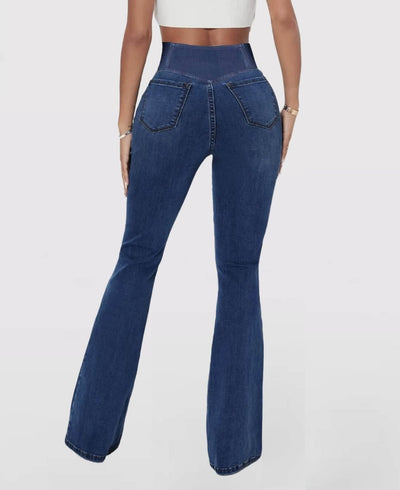 CurveFlex High-Waisted Crossover Jeans – Ultra-Stretch Denim with Adjustable Waistband - 50% OFF