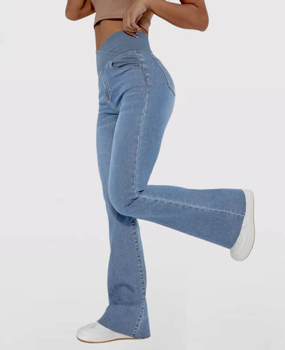 CurveFlex High-Waisted Crossover Jeans – Ultra-Stretch Denim with Adjustable Waistband - 50% OFF