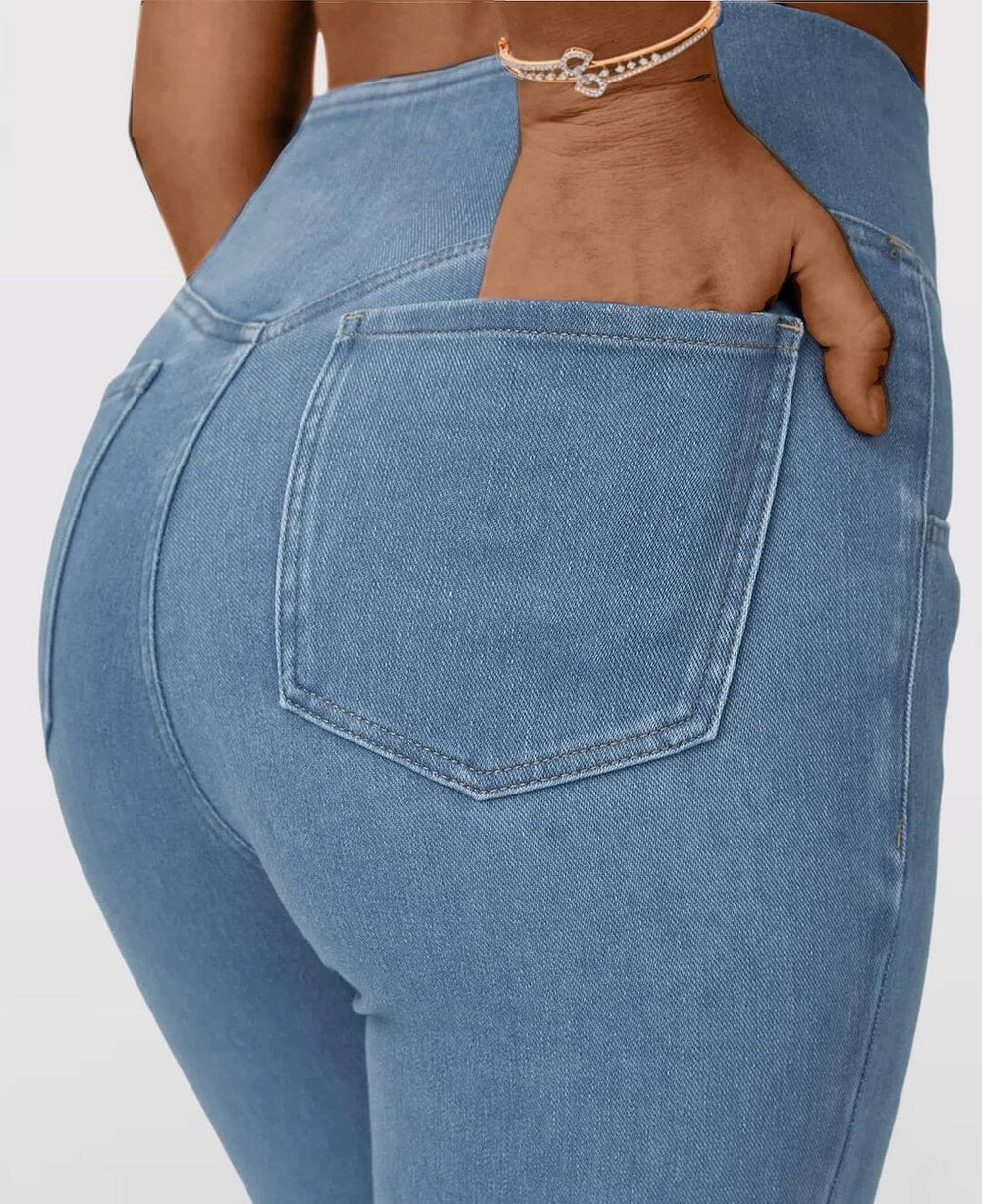 CurveFlex High-Waisted Crossover Jeans – Ultra-Stretch Denim with Adjustable Waistband - 50% OFF