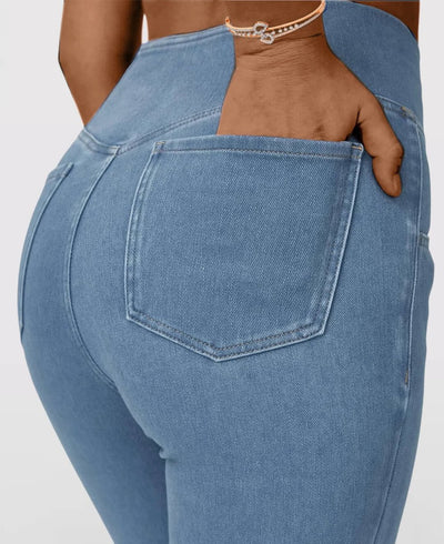 CurveFlex High-Waisted Crossover Jeans – Ultra-Stretch Denim with Adjustable Waistband - 50% OFF