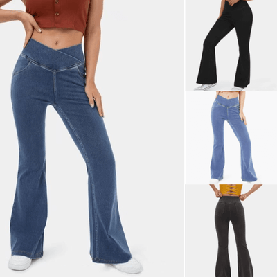 CurveFlex High-Waisted Crossover Jeans – Ultra-Stretch Denim with Adjustable Waistband - 50% OFF