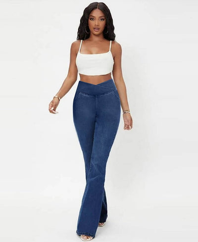 CurveFlex High-Waisted Crossover Jeans – Ultra-Stretch Denim with Adjustable Waistband - 50% OFF