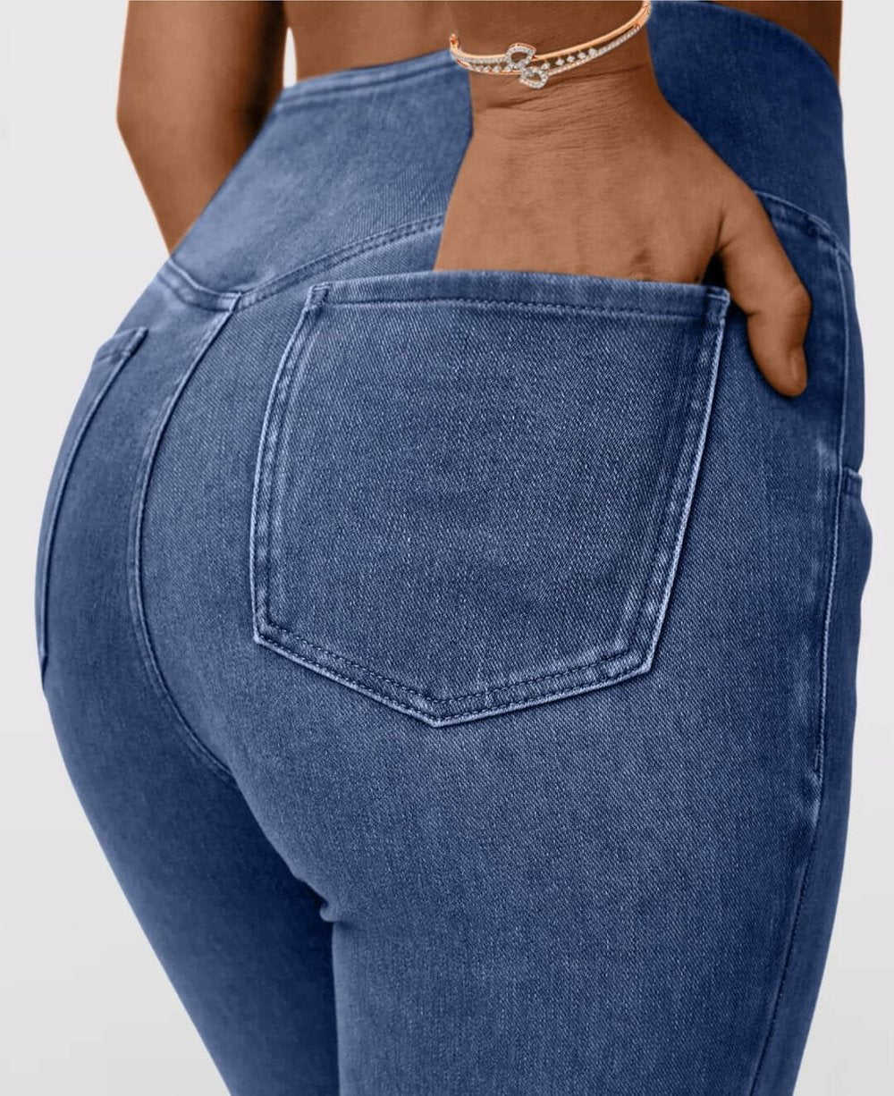 CurveFlex High-Waisted Crossover Jeans – Ultra-Stretch Denim with Adjustable Waistband - 50% OFF