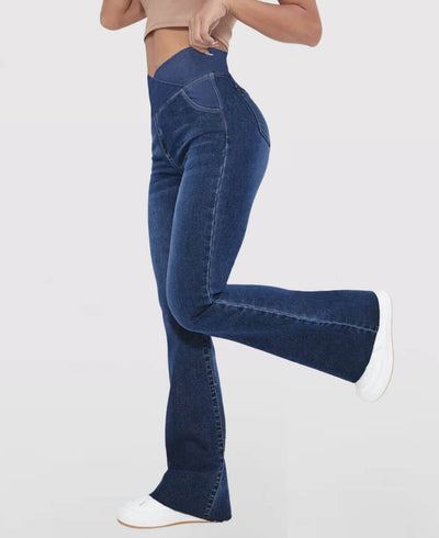 CurveFlex High-Waisted Crossover Jeans – Ultra-Stretch Denim with Adjustable Waistband - 50% OFF